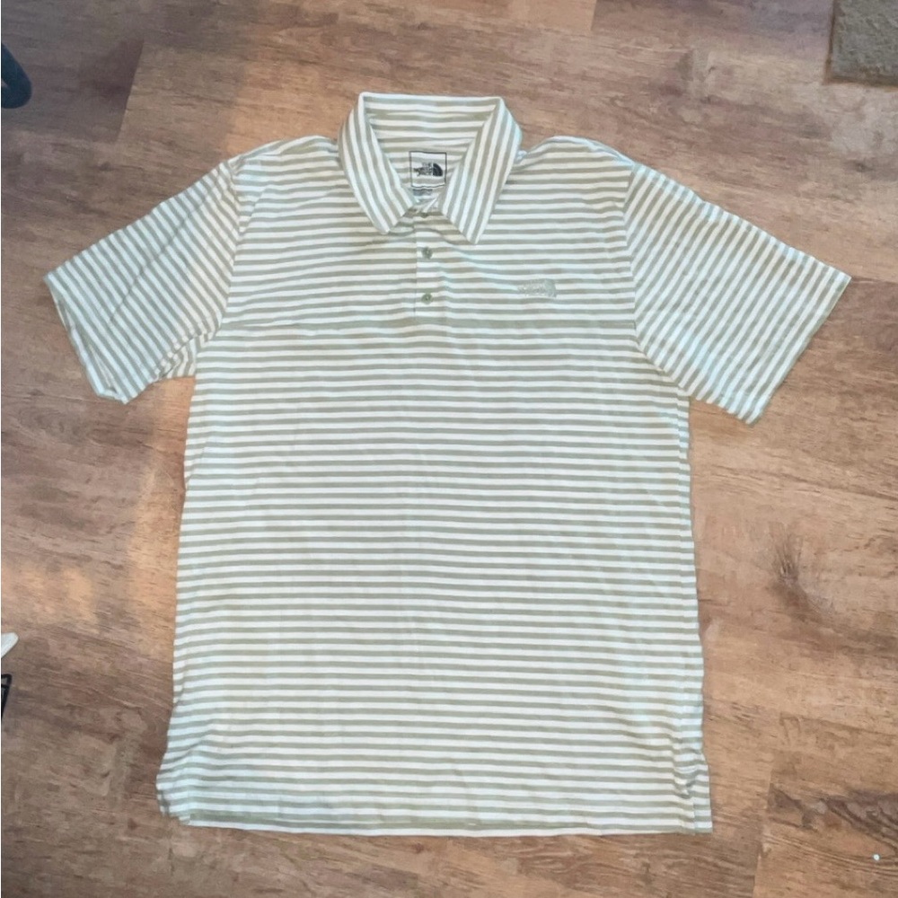 The North Face White and Green Striped Polo Shirt